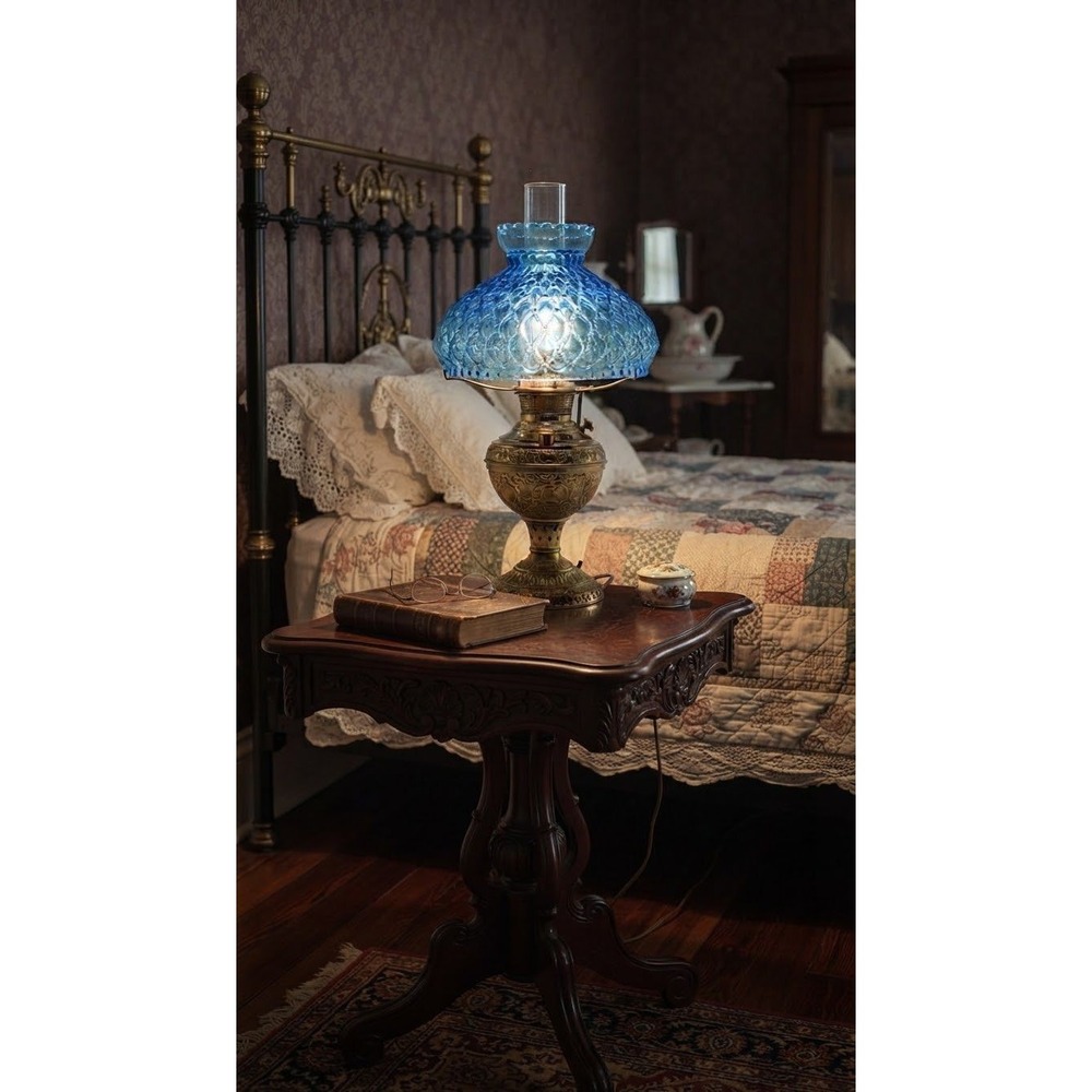 Antique 1890 New Juno No 2 Brass Electric Lamp Blue Quilted Glass Shade 19in